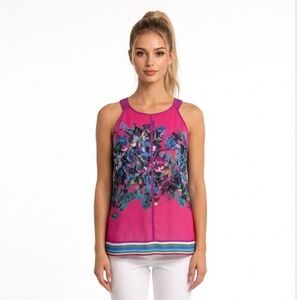 Nicole Miller Pink Floral Sleeveless Top L Flowy Tank Butterfly Lined Resortwear